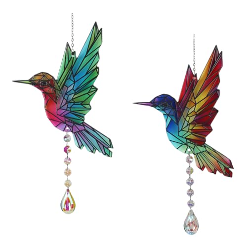 VEWOGARDEN 2 Pack Hummingbird Stained Glass Window Hanging, Bird Sun Catchers Indoor...