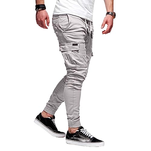 Mens Cargo Pants Casual Workout Drawstring Cotton Chino Sweatpants Athletic Loose Fit Multi Pocket Outdoor Trousers