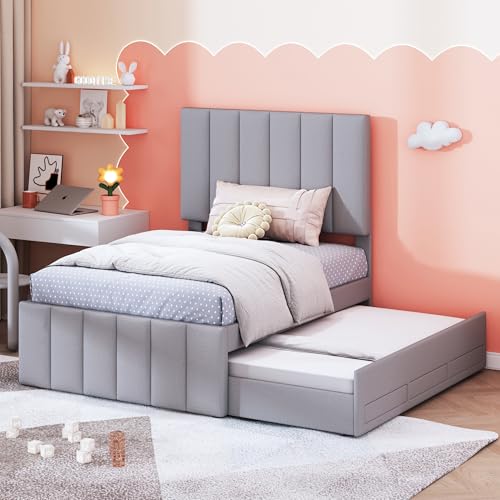 BXEYXE Cama tapizada de 90 x 200 cm con cama plegable y cajones de almacenamiento. Acolchado de lino agradable al tacto. Cama individual plana. Cama infantil. Cama juvenil. Cama de invitados (gris)