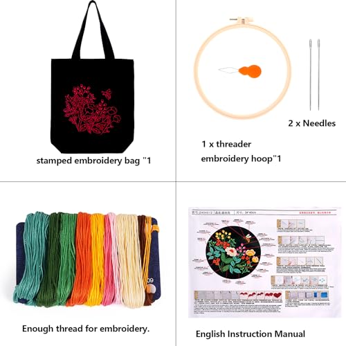 Image of Canvas Tote Bag Embroidery Kit, Beginner Embroidery Kit for Adults, Hand Embroidery Starter kit with Floral Pattern, Arts and DIY Crafts Embroidery Kits , Cross Stitch Kit with Embroidery Bag and Tool