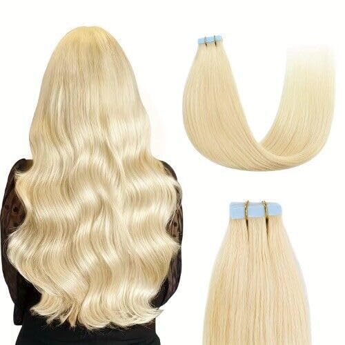 Tape in Hair Extensions Human Hair Platinum Blonde 18 Inch 50g/pack 20pcs Straight Seamless Skin Weft Tape in Real Human Hair Extensions (60A, 18inch)