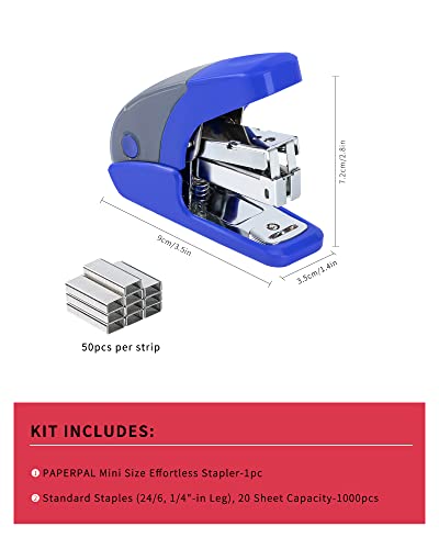 Paperpal Effortless Mini Stapler Set, 20 Sheet Capacity, Integrated Remover & Staple Storage, Holds 1/4" Staples, Includes 1000 Staples, Lightweight, Office, School & Daily Use, Dark Blue #TOP1
