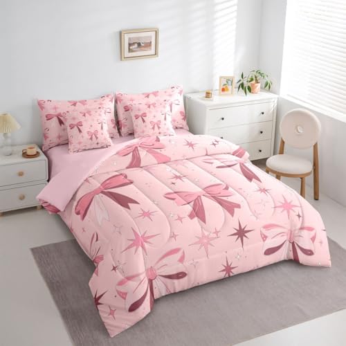 Image of Cute Bow Bed in a Bag King Size Comforter Set 7-Piece | Princess Bow Bedding Sets Dreamy Ribbon Bowknot Comforter and Sheet Set, Stars Watercolor Room Decor,Pink Bow Decor