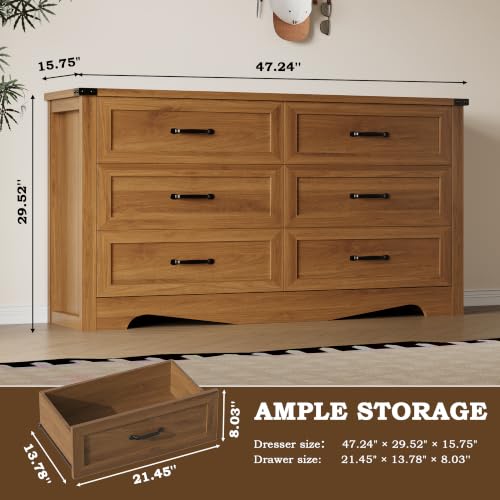 Image of BORNOON 6-Drawer Dresser for Bedroom, Modern Wooden Chest of Drawers with Metal Handles, Anti-Tipping Design, Sturdy and Stable Storage Organizer for Living Room, Entryway, Home Office