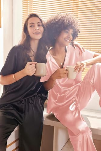 Image of Ekouaer Mens Satin Pajamas Set Button-Down Short /Long Sleeve Shirt Top Soft Silk Sleepwear Loose Pocket Pant Loungewear
