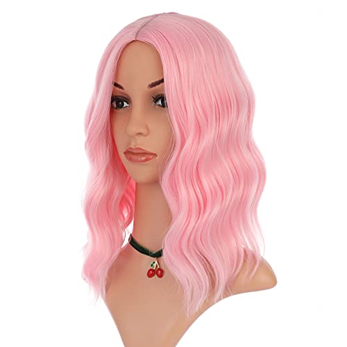 eNilecor Pink Wig,Light Pink Wigs for Women，14 Inch Colored Middle Part Bob Wig Short Curly Wavy Synthetic Natural Heat Resistant Cosplay Costume Party Wigs (Light Pink)