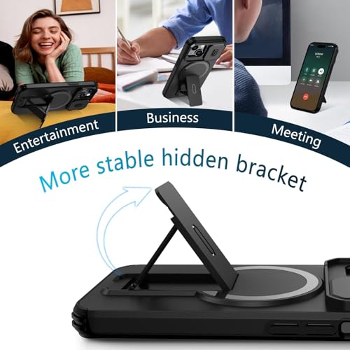 Image of ShieldTech MagStand Series Case for iPhone 13 | Mobile Phone Cover with Sliding Camera Shield, Mag-Safe, Kickstand, Shockproof for Apple iPhone 13 - Black