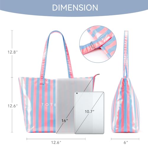 Image of KALIDI PVC Zipper Tote Bag, Jelly Kraft Paper Beach Bag Large Hobo Carry All Travel Shopping Handbag Plastic Shoulder Bag