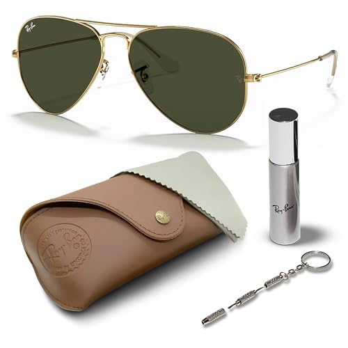 Ray-Ban RB3025 Classic Aviator Shape Sunglasses With Eyewear Kit Bundle - Adjustable Nose Pads - Ideal Formal and Casual Wear Retro Sunglasses