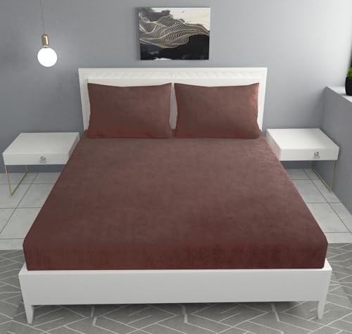 Image of Sands Luxurious Bedsheets for Winter, King Size Fitted Warm Double Bedsheet, 72 x 78 x 10 inches, with 2 Pillow Covers (Brown)