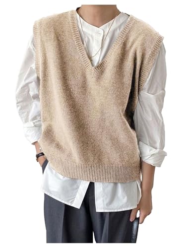 SHENHE Men's V Neck Sleeveless Plain Soft Sweater Vest Pullover Preppy Top Apricot S