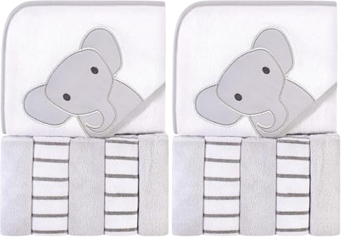 Image of Hudson Baby Unisex Baby Hooded Towel and Five Washcloths, Modern Elephant, One Size (Pack of 2)