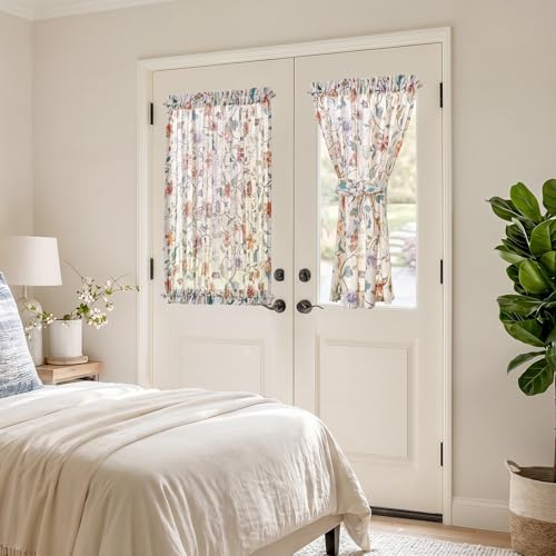 Image of jinchan Hattie Floral French Door Curtain 40 Inch Length Vintage Cottage Core Farmhouse Linen Decor for Glass Door Light Filtering 1 Panel with Tie Up Bow Rod Pocket Beige