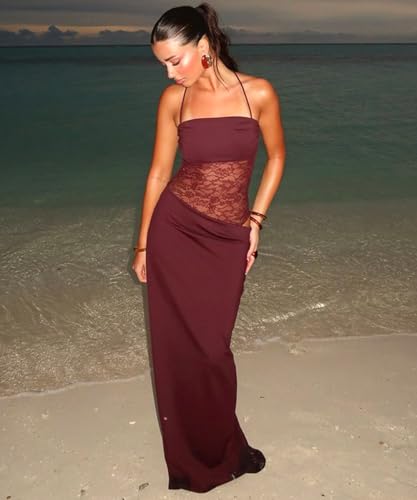 Women Sexy Lace Patchwork Maxi Dress Spaghetti Straps Y2K Sheer Long Bodycon Club Cocktail Dresses4