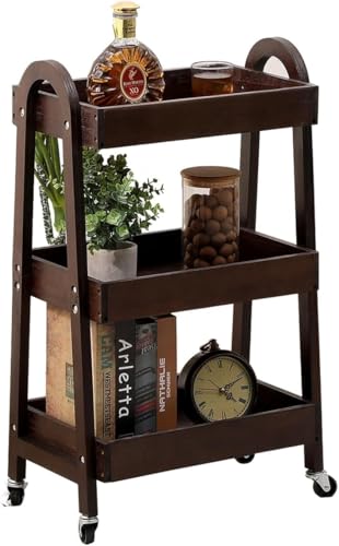 lamde 3-Tier Wooden Rolling Cart- Wooden Utility Cart wit Wheels- Utility Rolling Cart-Storage Trolley Organizer- Rolling Kitchen Cart Serving Cart for Office,Kitchen (Nut-Brown)