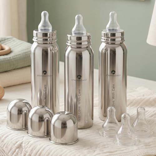 Image of StarAndDaisy Baby Milk Bottle for new Born /Infant /Toddler Pack of 3-250 ML SUS 304 Steel Baby Feeding Bottle for 0+ Months, BPA Free Leakproof, Anti Colic, Easy to Clean & Extra Nipple