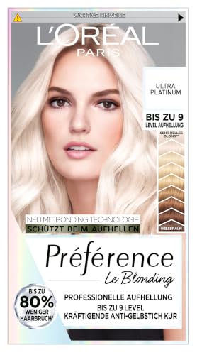 Foto von L'Oréal Paris Extrem Aufheller für platin-blondes Haar, Mit Anti-Gelbstich und Anti-Haarbruch Technologie, Permanente Haarfarbe, Préférence Le Blonding, 9L Helles Platinblond, Multipack