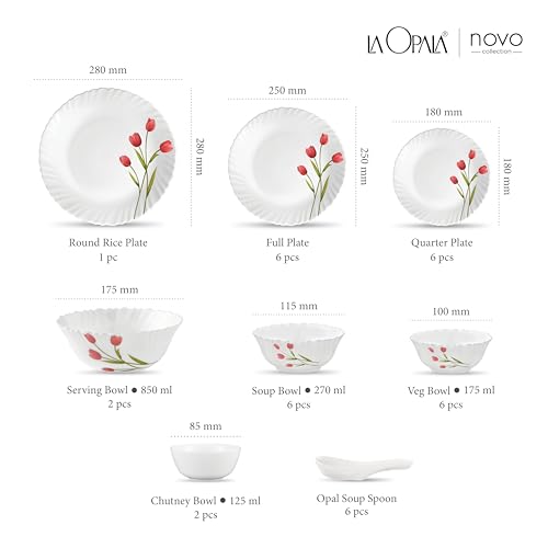 Image of La Opala Novo Collection Opal Glass Crockery | for Family of 6 | Dinner Set 35 pcs Radiant Curves | Plates & Bowls for Dining | Microwave Safe | 100% Vegetarian | Extra Strong | Light & White