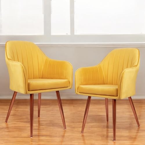 Image of Set of 2 Accent Chair for Living Room | Modern Armchair in Soft Velvet Fabric with Sturdy Legs | Premium Chair for Home Living Room Bedroom Restaurent | (Bronze Legs, Yellow)