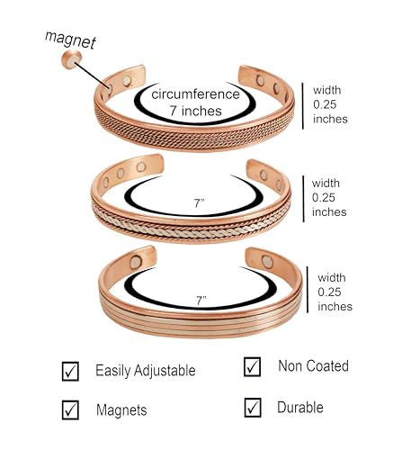 Image of Touchstone copper bracelets | gift for men women |adjustable 100% pure solid real magnetic jewelry | handmade bracelet set combo | rope braided tibetan bangles.