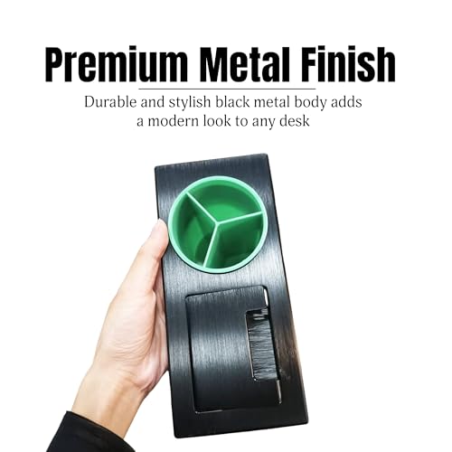 Image of Aluminum Alloy Desk Grommet - Rectangular Metal Cable Wire Hole Cover With Flip Lid & 3-Slot Multifunctional Cup For Computer Table & Furniture - Cord Organizer (200mm*90mm, Black)