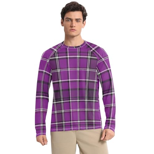 Purple Plaid Men Rash Guard Long Sleeve UPF 50+ UV Sun Protection Quick Dry Beach T-Shirts Sun Shirts for Outdoor, X-Large