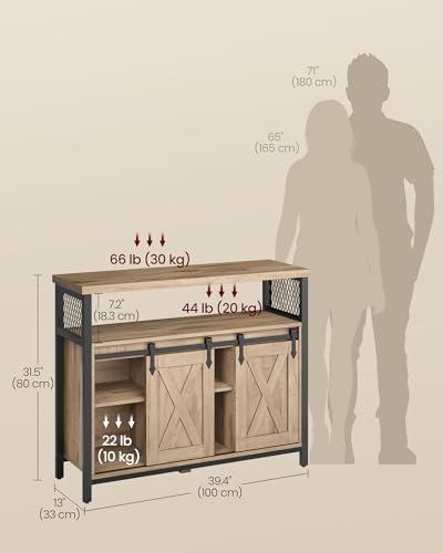 VASAGLE Kredens, szafka kuchenna, szafka do przechowywania, z 2 drzwiami przesuwnymi, 33 x 100 x 80 cm, regulowane półki, styl wiejski, do salonu, kolor naturalny-czarny LSC092B50