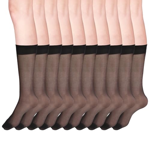 Image of Xthrotsenk 5 Pairs Black Knee High Stockings for Women Nylons for Women 20D Elastic Sheer Nylon Stockings with Reinforced Toe