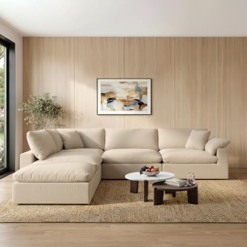 Image of 143 inch Cloud Modular Sectional Sofa,Khaki Down Filled Sofa 4 Seat with Chaise,Minimalist Sofa Cover Washable and Replaceable Couches for Living Room,Sectional Sofa Deep Seat