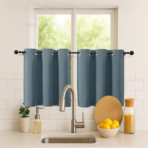 Image of Simplebrand Stone Blue Short Kitchen Curtains 24 Inch Length 2 Panels Set, Small Windows Room Darkening Curtain for Bathroom, Cabinet, Basement, RV Camper, Thermal Insulated Short Drapes, 40 x 24 Inch