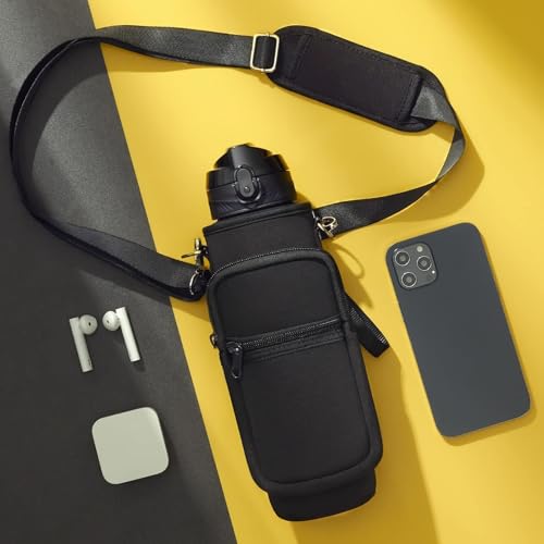 Image of Fimibuke 32 oz Water Bottle with Sleeve - BPA Free Leakproof Sport Large 1L Plastic Motivational Water Bottle with Straw & Strap & Insulated Neoprene Holder Carrier Bag for Women Men(A1.Black)