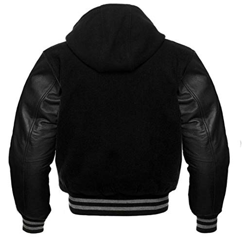 Men's Varsity Jacket Genuine Leather Sleeve and, All Black(Hoodie), Size Medium - Thumbnail 2