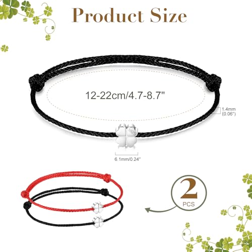 Myfresty 2 Pcs Couples Bracelets 925 Sterling Silver Charm Clover Red String Bracelet for Women Men | Best Friend Bracelets - Valentines Birthday Holiday Gifts, 4.7-8.7", Red+Black