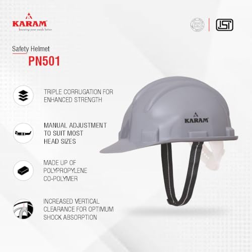 Image of Karam PN501 Safety Helmet for Men Industrial and Construction Use| Manual Adjustment Type with Adjustable Chin Strap| Triple Corrugation and is Certified Safety Helmet Lamination Blue | Pack of 2