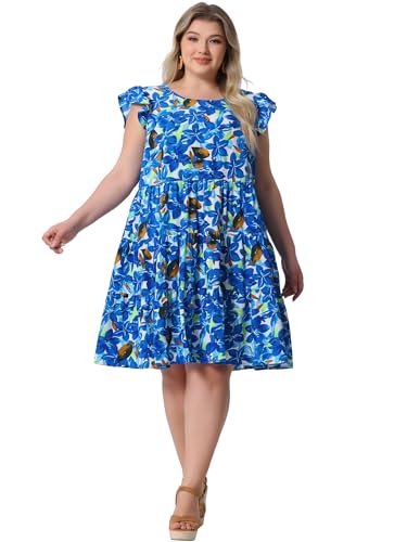 Image of Agnes Orinda Plus Size Summer Dress for Women Boho Flutter Sleeves Round Neck Floral Print Tiered Babydoll Ruffle Dresses