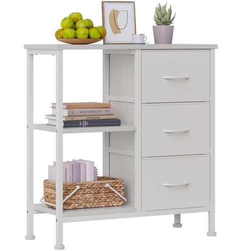 Image of Furnulem 3 Drawer White Dresser for Bedroom, Small Nightstand with Shelf, Side Table for Small Space, Fabric Dresser Chest of Drawer for Nursery, Living Room, Dorm, Compact Wood Furniture(White)