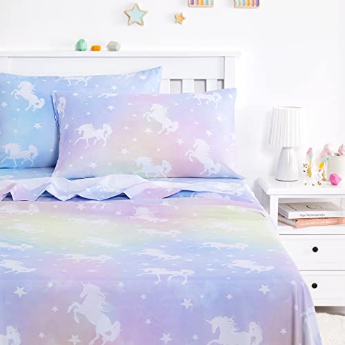Wake In Cloud - Unicorn Bed Sheets for Girls 4-Piece Sheets Set Kids Colorful Rainbow Unicorns Pattern Animal Stars Soft Lightweight Bedding Deep Pocket Purple Blue Twin Size