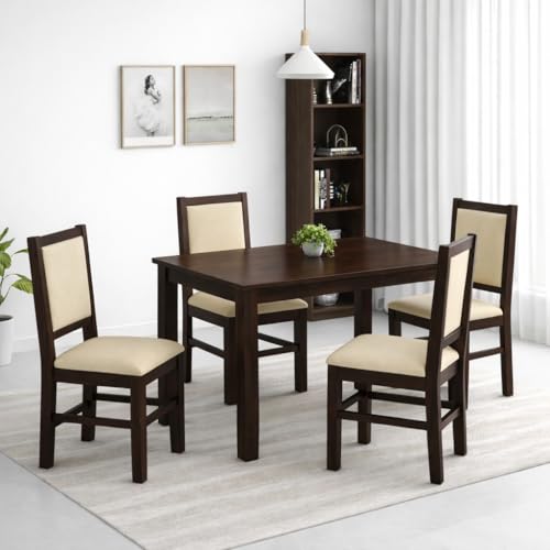 Image of SONA ART & CRAFTS Cresta Solid Sheesham Wood Dining Table Set of 4 Seater Dinner Dinning Table with 4 Cushion Chair Dining Furniture for Living Room Home Hotel Office Self Assembly (Walnut Finish)