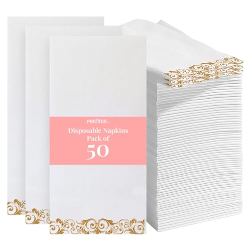 Image of Prestee 50 Pack Disposable Hand Towels for Bathroom - Elegant Linen Feel Paper Napkins, 2-Ply - Absorbent Decorative Guest Towels for Bathroom, Wedding, and Party Use - (White and Gold)
