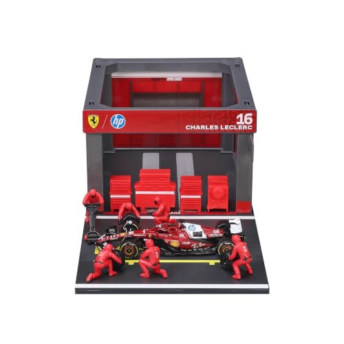 Bburago - Ferrari SF-25 Leclerc, Coffret de Jeu « Pit Stop » à l'échelle 1:43