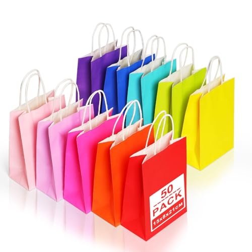 Gucass 50 Pieza Pequeñas Bolsas Papel Kraft con Asas, Vistoso Bolsas de Papel Regalo, 15x8x21cm, Bolsitas de Regalos para Embalaje de Regalo, la Compra, Navidad Fiestas de Cumpleaños Bodas
