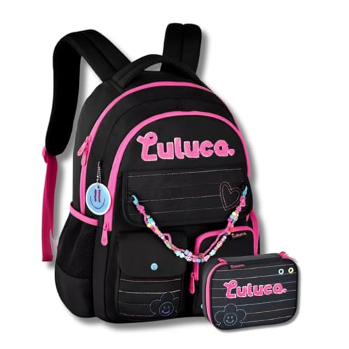 Kit Mochila Costas Luluca Meninas Pandinha Estojo Box 36 Elásticos Clio Style Preto