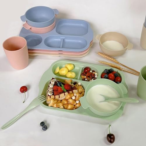 shopwithgreen Wheat Straw Dinnerware Cutlery Set, 20 PCS Kids Toddlers Divided Plates and Bowls Sets, Microwave Unbreakable Tableware Spoon Knife Cup, Dishwasher Safe for Kitchen Picnic School — view 6