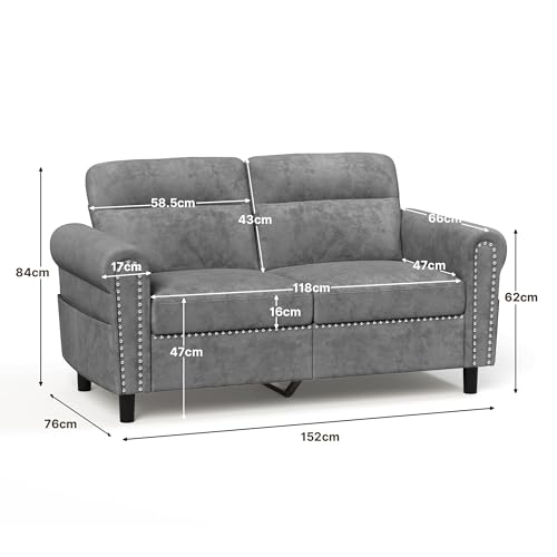 Blishom Mała Sofa 2-Osobowa z Kieszenią Boczną, Kompaktowa Kanapa Loveseat 152x76x84 cm, Nowoczesna Sofa Tapicerowana z Nitami i Zdejmowanymi Poduszkami, Meble do Salonu (Szary)