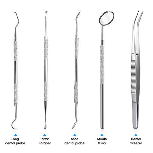 Dental Tools, 5 Pcs Professional Teeth Cleaning Tools Stainless Steel Stainless Steel Dental Scaler, Mouth Mirror, Tarter Scraper, Tooth Pick, Tweezers, for Personal & Pet Oral Care Use - Thumbnail 3