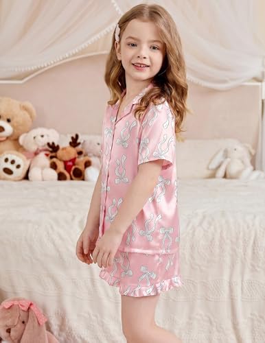 Image of Arshiner Girls Pajamas Silk Satin Pajama Set Button Pjs Ruffle Sleepwear | 2 Piece Nightwear, Silky Soft Lounge for Little & Big Kids, Ideal for Sleeping and Sleepover Party