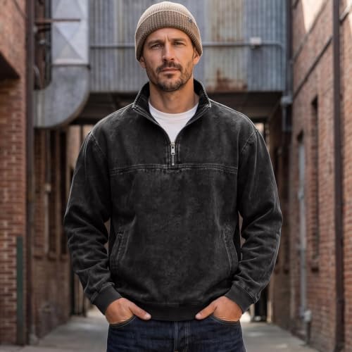 Men's Denim Shirt Washed Retro Quarter Zip Pullover Top Denim Top - image 2