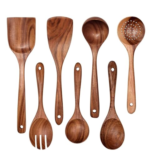7-Piece Wooden Cooking Utensils Set - Durable, Odourless Kitchen Tools Including Spoon, Spatulas, and Ladle for Culinary Mastery