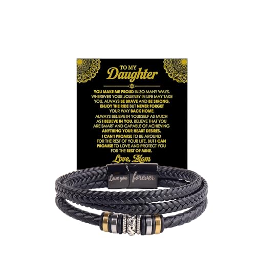 DivaGlamz To My Daughter Bracelet Black Braided Leather Beaded Engraved Love You Forever Promise Wristband Bracelets Personalized Inspirational Christmas Birthday Gift Jewelry (Daughter Beads-Mom)