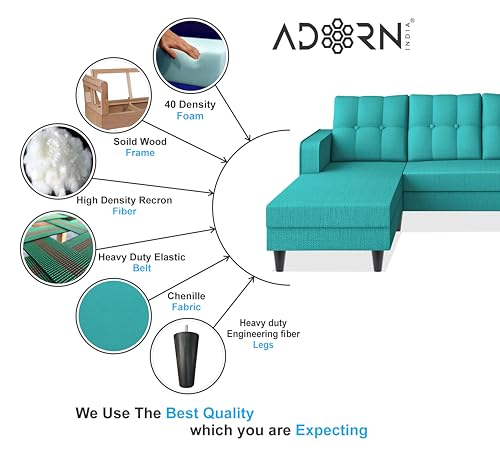 Image of Adorn India Maddox Tufted L Shape 5 Seater Sofa Set LHS (Aqua Blue) (3 Year Warranty)